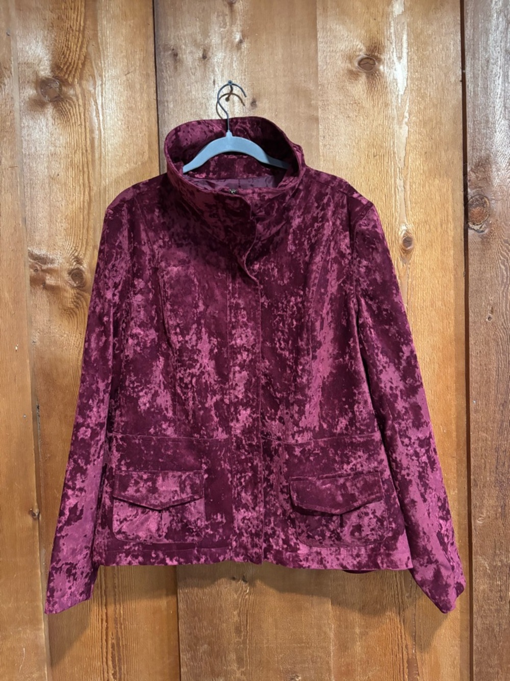 Simonton Says Funnel Neck Collar Burgundy Crushed Velvet Zip Jacket XL